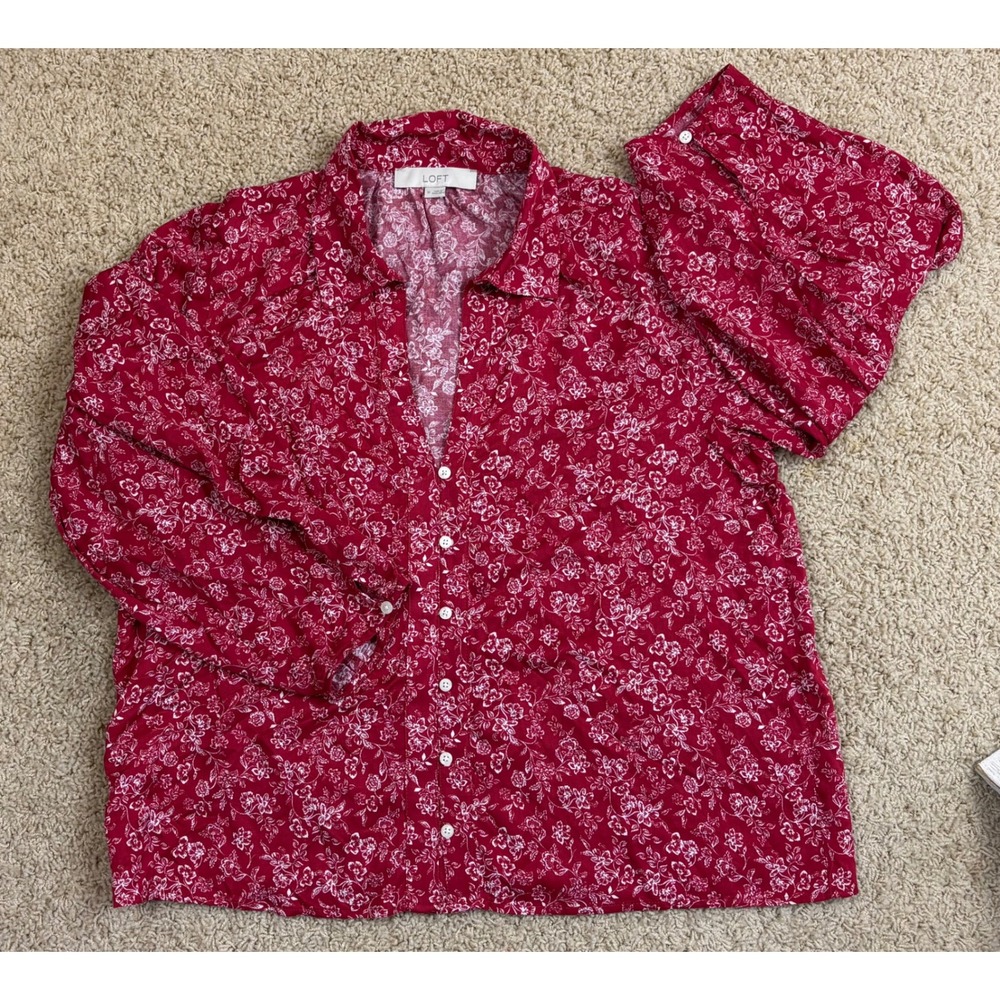 LOFT Red Floral Button Front Blouse Size M Balloon Sleeve Viscose Modal‎ Top